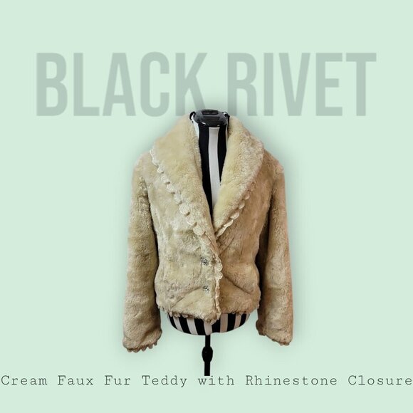Black Rivet Cream Faux Fur Jacket w/ Rhinestone Snaps & Lace Trim, Size S - Picture 1 of 12